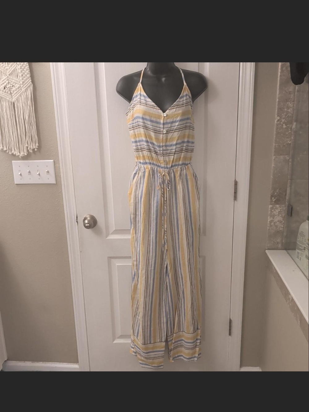 My Story Yellow & Blue Striped Halter Jumpsuit